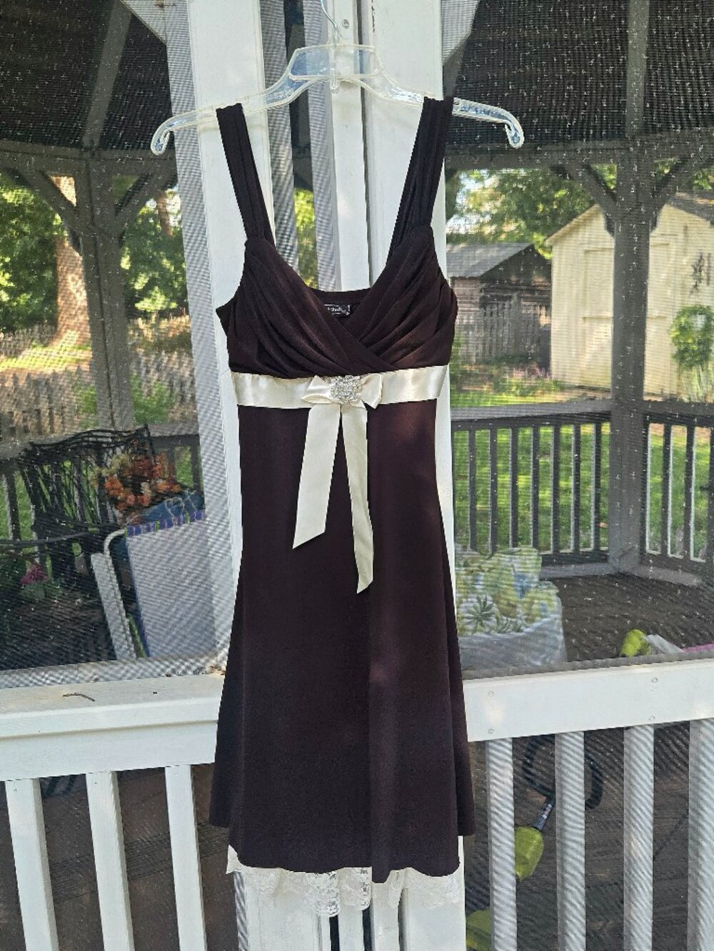 Vintage Y2K Espresso Brown Cocktail Prom Dress with Cream Sash & Rhinestone Broo